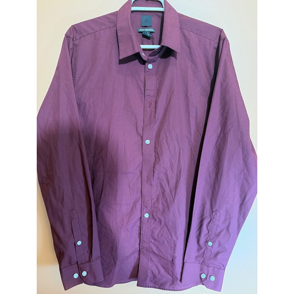 HM Mens Slim Fit Easy Iron Button Down Shirt Burgundy Maroon Long Sleeve Large